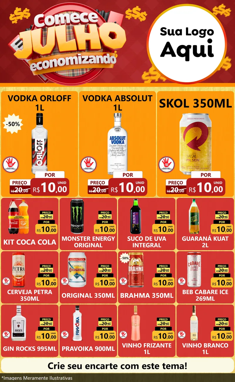 Modelo de Encarte para Encarte Grande com o tema Comece Julho Economizando para Distribuidora de bebidas