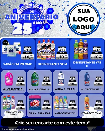 Modelo de Rede Social para Feed Instagram com o tema Promoção de Aniversário - 25 Anos para Produtos de Limpeza