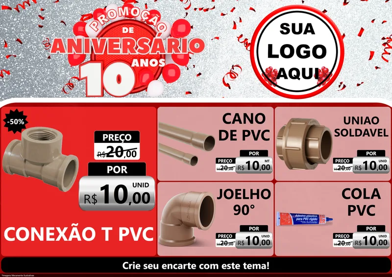 Modelo de Encarte para Encarte A4 Horizontal com o tema Promoção de Aniversário - 10 Anos para Tubos e conexões