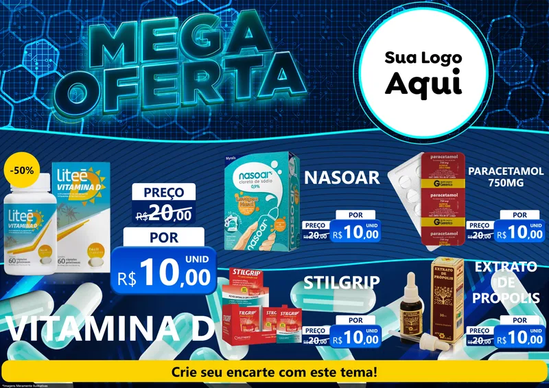 Modelo de Encarte para Encarte A4 Horizontal com o tema Mega Oferta - Farmácia para Farmácia