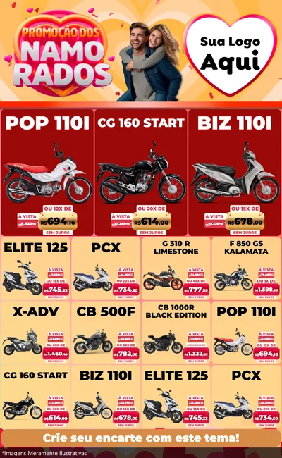 Modelo de Encarte para Encarte Grande com o tema Promoção dos Namorados para Concessionaria de Motos