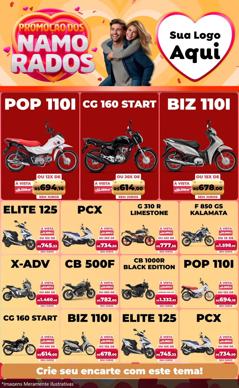 Modelo de Encarte para Encarte Grande com o tema Promoção dos Namorados para Concessionaria de Motos