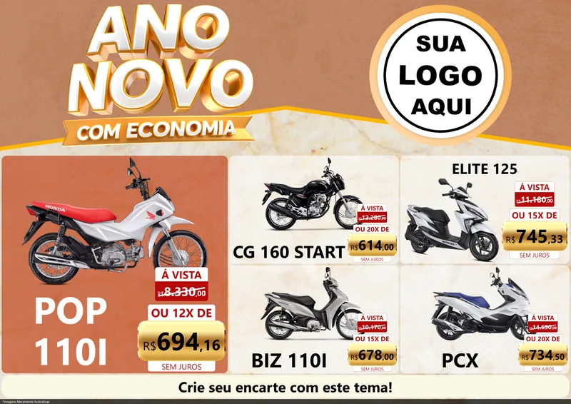 Modelo de Encarte para Encarte A4 Horizontal com o tema Ano Novo Com Economia para Concessionaria de Motos