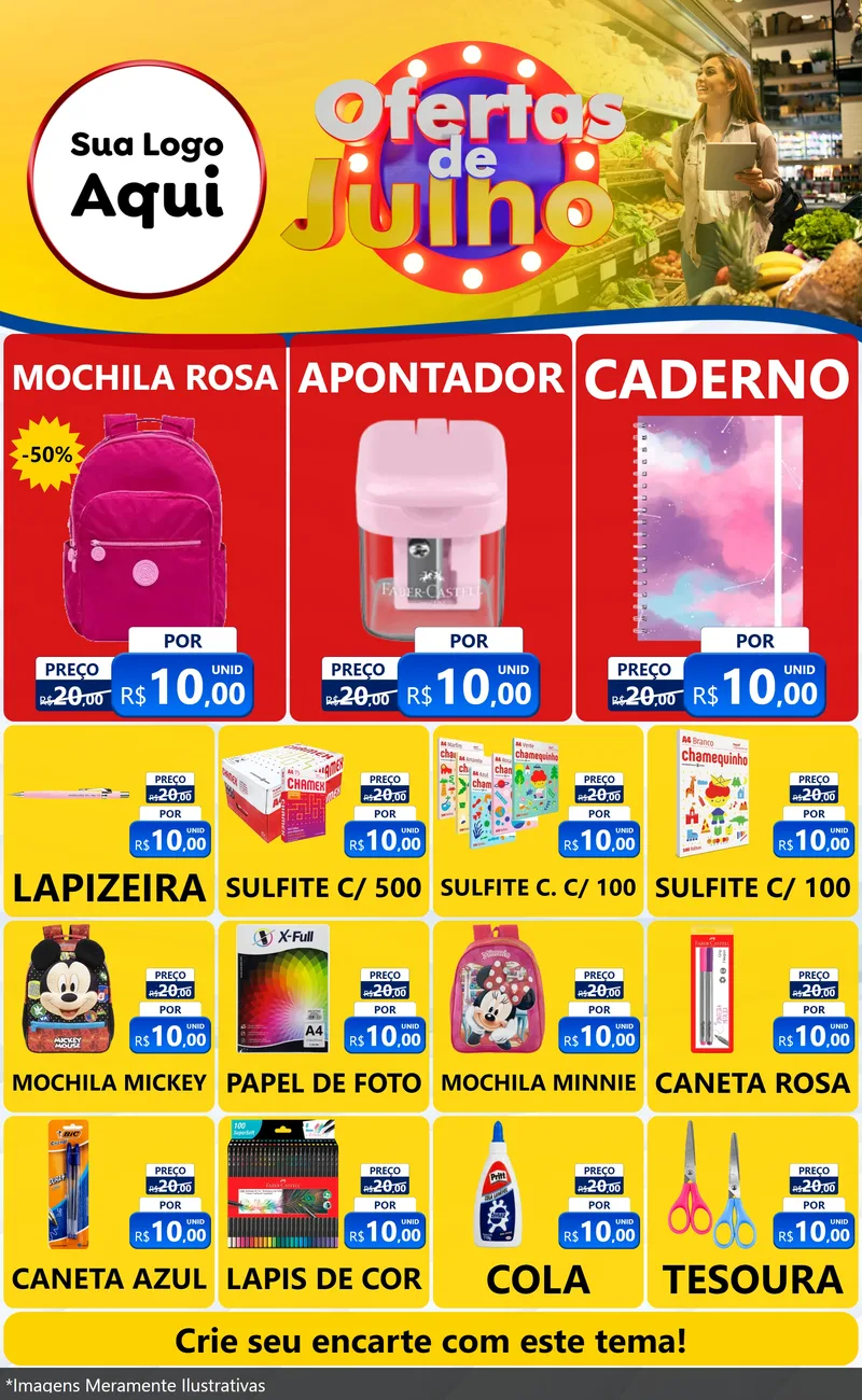 Modelo de Encarte para Encarte Grande com o tema Ofertas de Julho para Papelaria