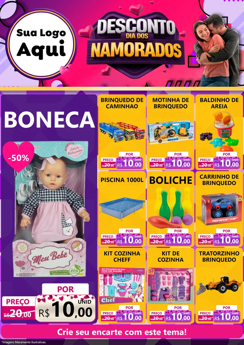 Modelo de Encarte para Encarte A4 Vertical com o tema Desconto Dia dos Namorados para Brinquedos