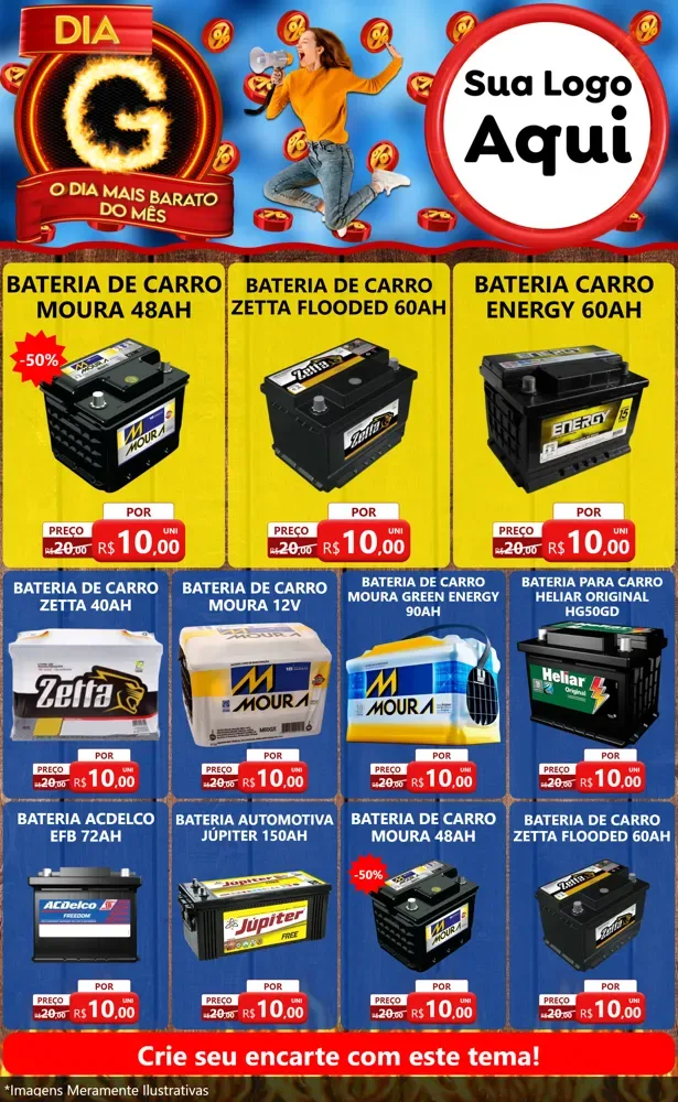 Modelo de Encarte para Encarte Grande com o tema Dia G - O Dia Mais Barato Do Mês para Baterias Elétricas