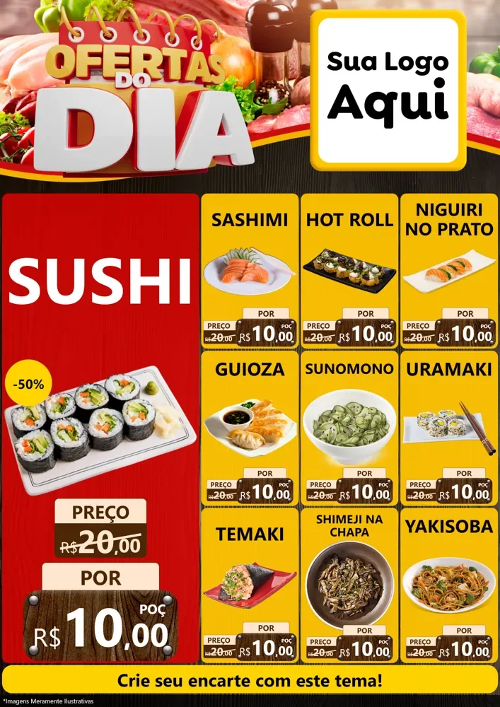 Modelo de Encarte para Encarte A4 Vertical com o tema Ofertas do Dia para Comida japonesa
