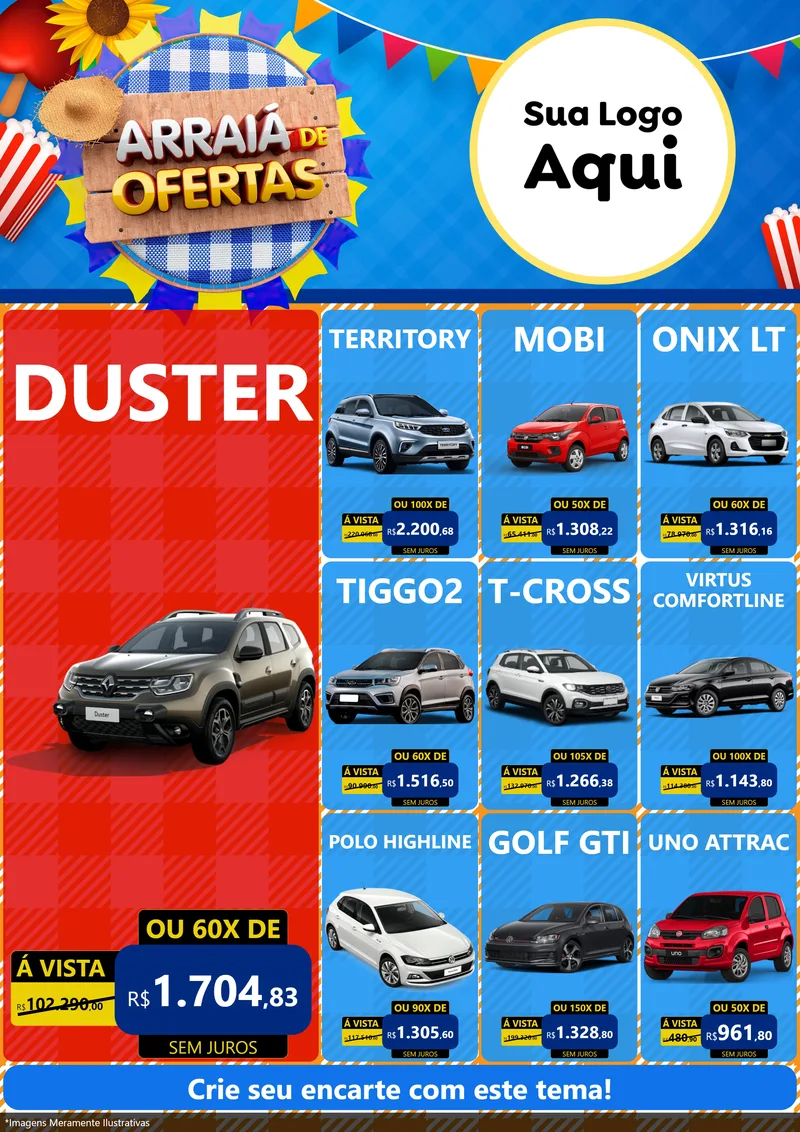 Modelo de Encarte para Encarte A4 Vertical com o tema Arraiá de Ofertas para Concessionaria de Carros