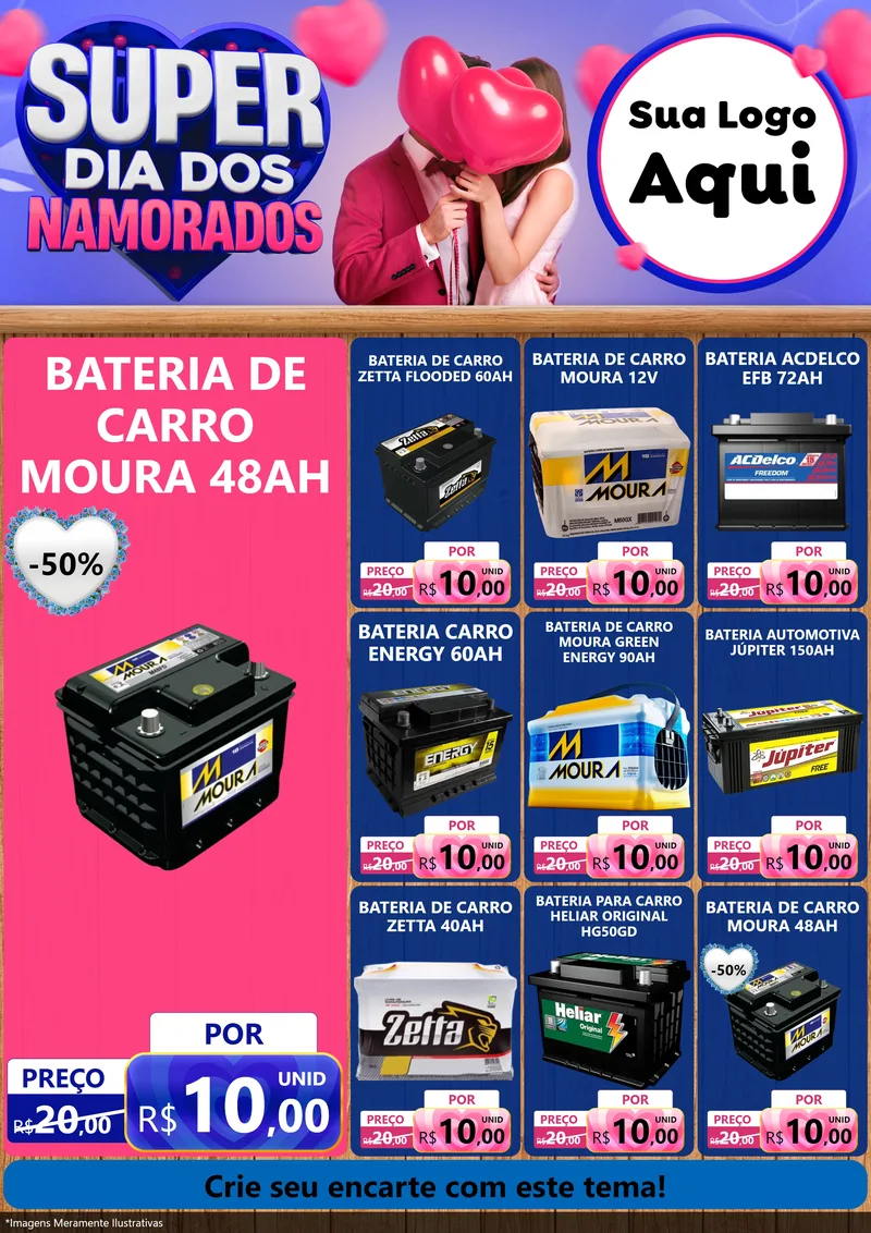 Modelo de Encarte para Encarte A4 Vertical com o tema Super Dia dos Namorados para Baterias Elétricas