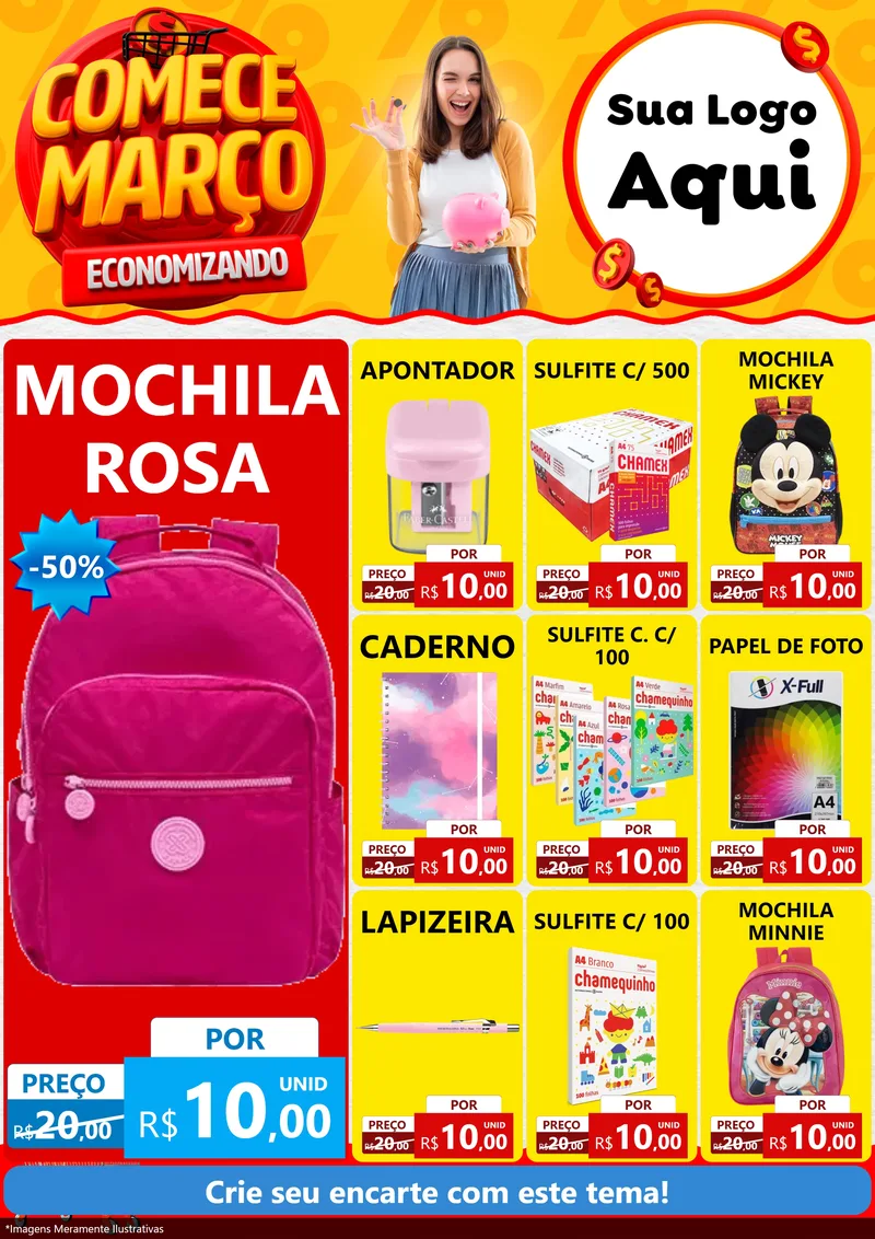 Modelo de Encarte para Encarte A4 Vertical com o tema Comece Março Economizando para Papelaria