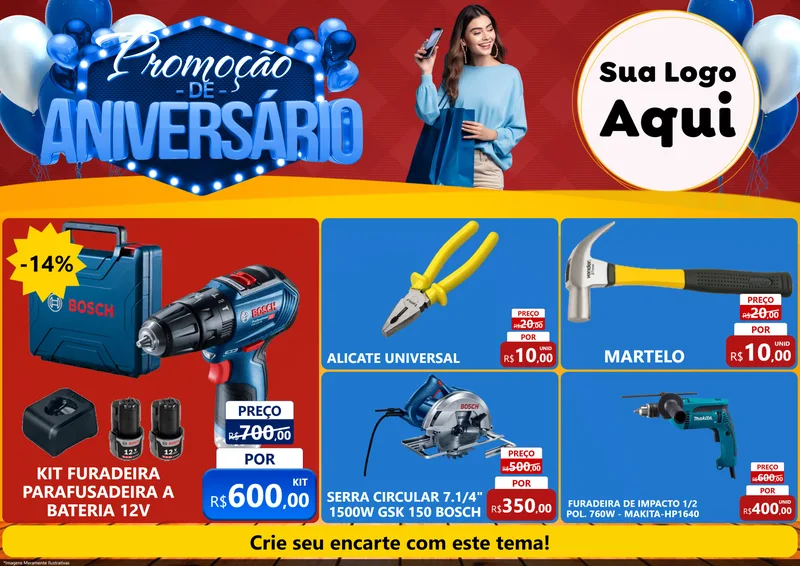 Modelo de Encarte para Encarte A4 Horizontal com o tema Promoção de Aniversário para Maquinas e Ferramentas