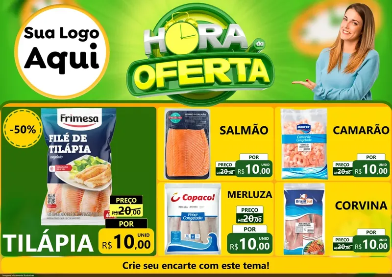 Modelo de Encarte para Encarte A4 Horizontal com o tema Hora da Oferta para Peixaria
