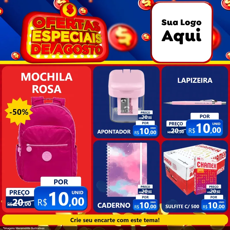Modelo de Rede Social para Feed Facebook com o tema Ofertas Especiais de Agosto para Papelaria