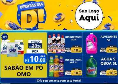 Modelo de Encarte para Encarte A4 Horizontal com o tema Ofertas Dia D para Produtos de Limpeza