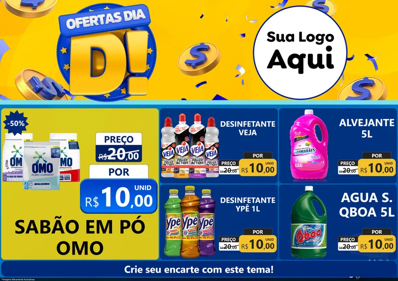 Modelo de Encarte para Encarte A4 Horizontal com o tema Ofertas Dia D para Produtos de Limpeza