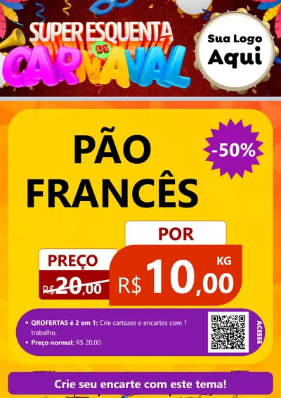 Modelo de Cartaz para Cartaz A4 Vertical com o tema Super Esquenta de Carnaval para Padaria