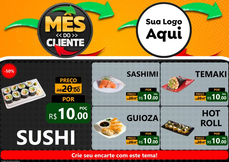 Modelo de Encarte para Encarte A4 Horizontal com o tema Mês do Cliente para Comida japonesa