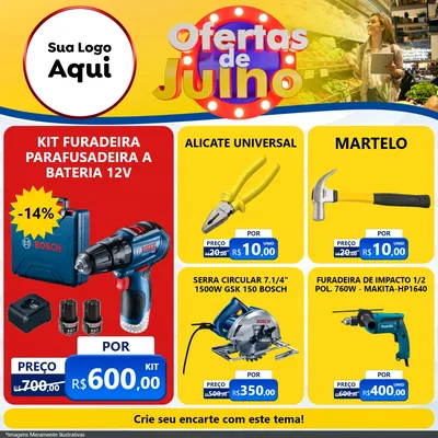 Modelo de Rede Social para Feed Facebook com o tema Ofertas de Julho para Maquinas e Ferramentas