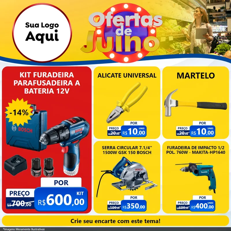 Modelo de Rede Social para Feed Facebook com o tema Ofertas de Julho para Maquinas e Ferramentas