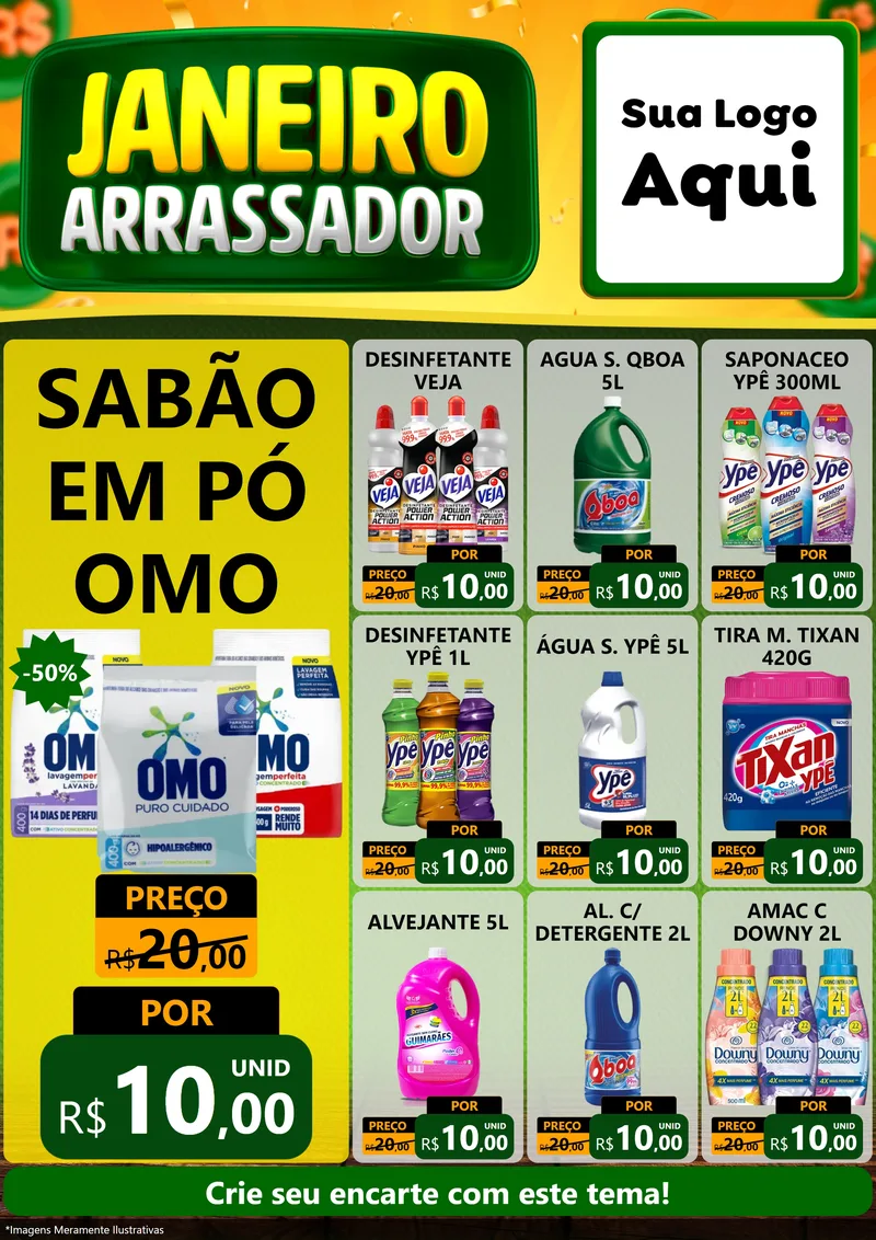 Modelo de Encarte para Encarte A4 Vertical com o tema Janeiro Arrasador para Produtos de Limpeza