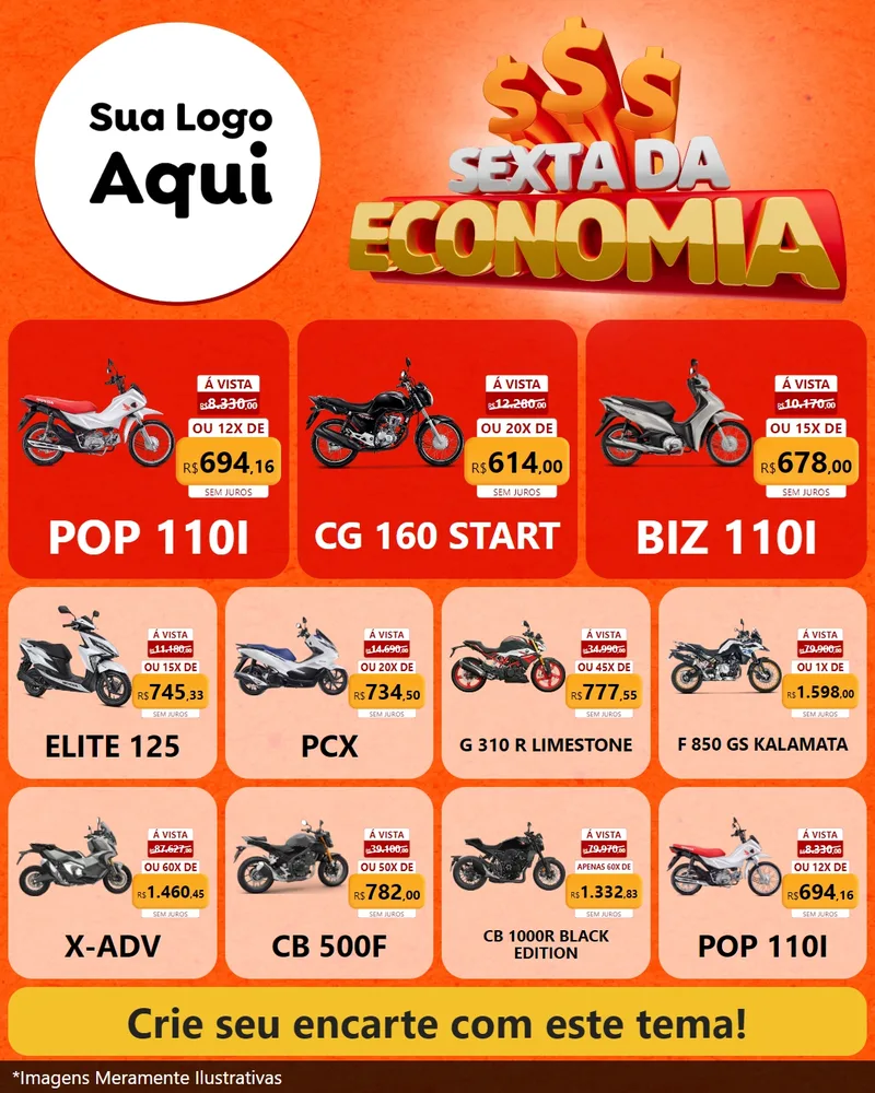 Modelo de Rede Social para Feed Instagram com o tema Sexta da Economia para Concessionaria de Motos