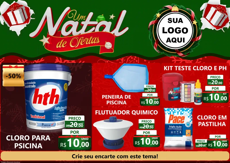 Modelo de Encarte para Encarte A4 Horizontal com o tema Um Natal de Ofertas para Produtos para Piscina