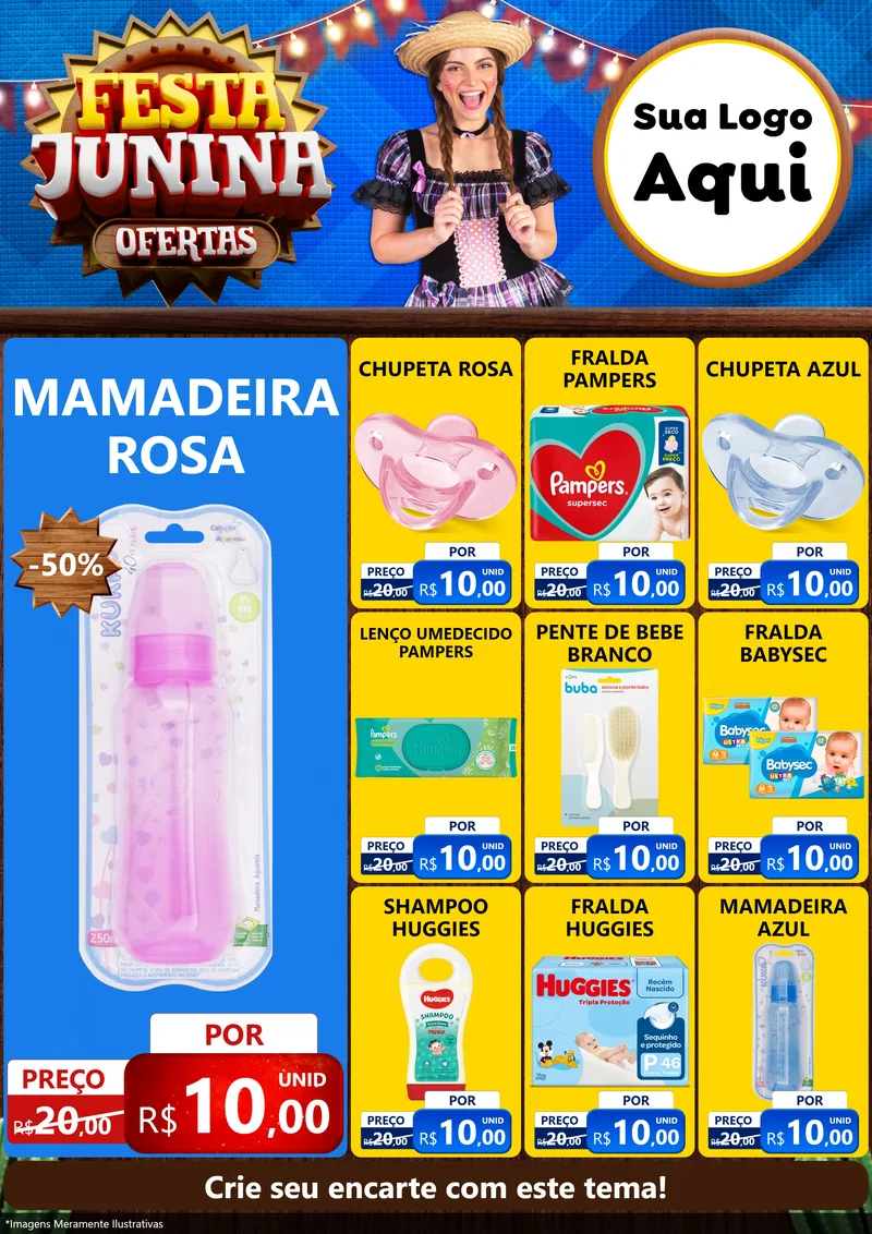 Modelo de Encarte para Encarte A4 Vertical com o tema Festa Junina Ofertas para Bebês