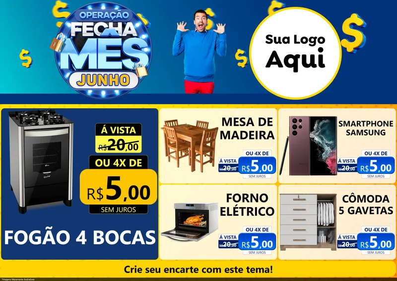 Modelo de Encarte para Encarte A4 Horizontal com o tema Operação Fecha Mês, Junho para Móveis e Eletro