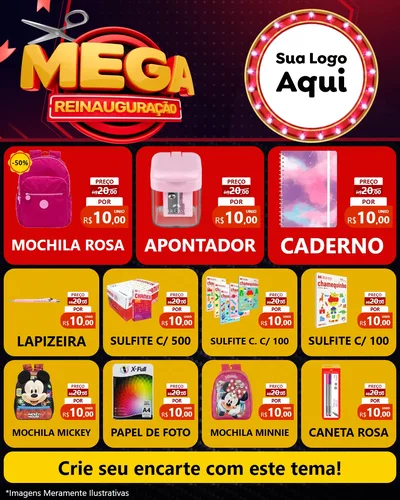 Modelo de Rede Social para Feed Instagram com o tema Mega Reinauguração para Papelaria