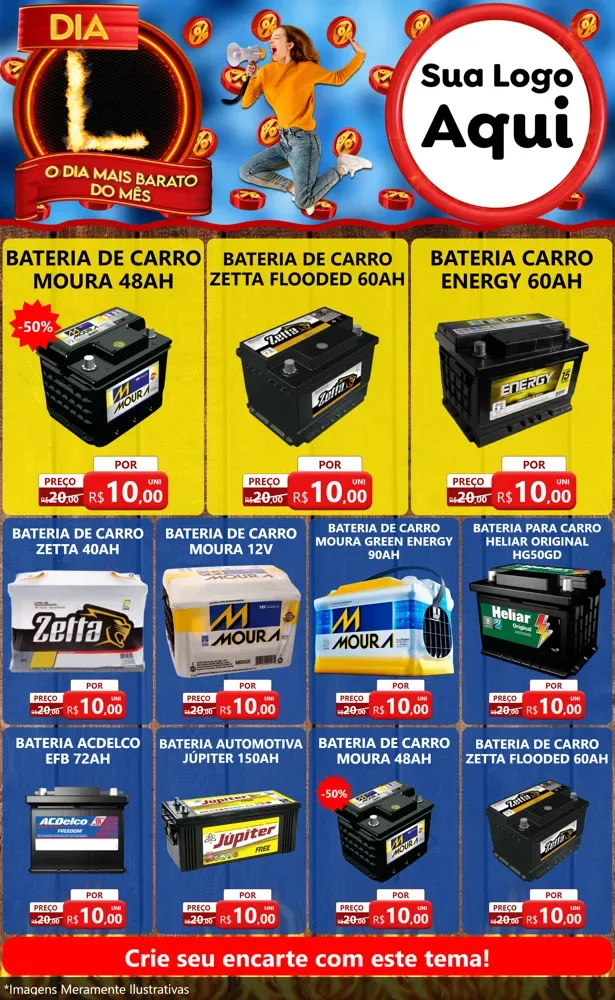 Modelo de Encarte para Encarte Grande com o tema Dia L - O Dia Mais Barato Do Mês para Baterias Elétricas