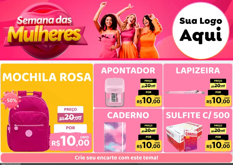 Modelo de Encarte para Encarte A4 Horizontal com o tema Semana das Mulheres para Papelaria