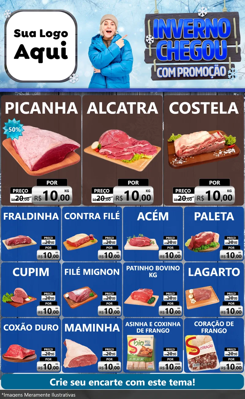 Modelo de Encarte para Encarte Grande com o tema Inverno Chegou Com Promoção para Açougue