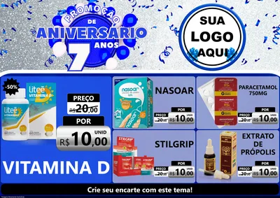 Modelo de Encarte para Encarte A4 Horizontal com o tema Promoção de Aniversário - 7 Anos para Farmácia