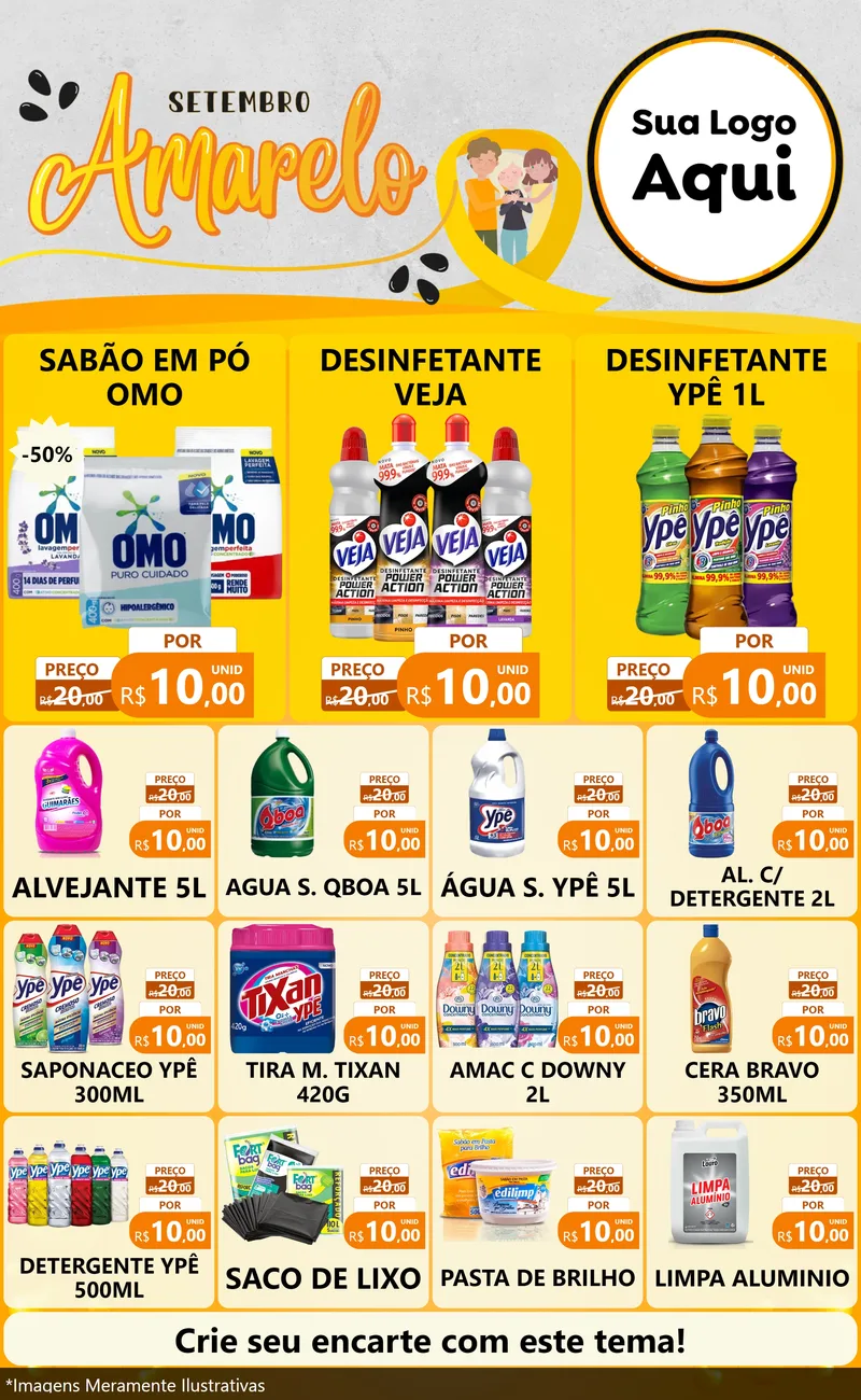 Modelo de Encarte para Encarte Grande com o tema Setembro Amarelo para Produtos de Limpeza