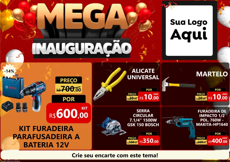 Modelo de Encarte para Encarte A4 Horizontal com o tema Mega Inauguração para Maquinas e Ferramentas