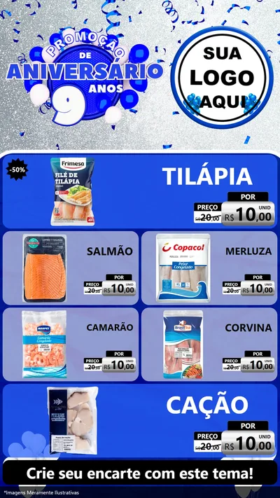 Modelo de TV para TV Vertical com o tema Promoção de Aniversário - 9 Anos para Peixaria