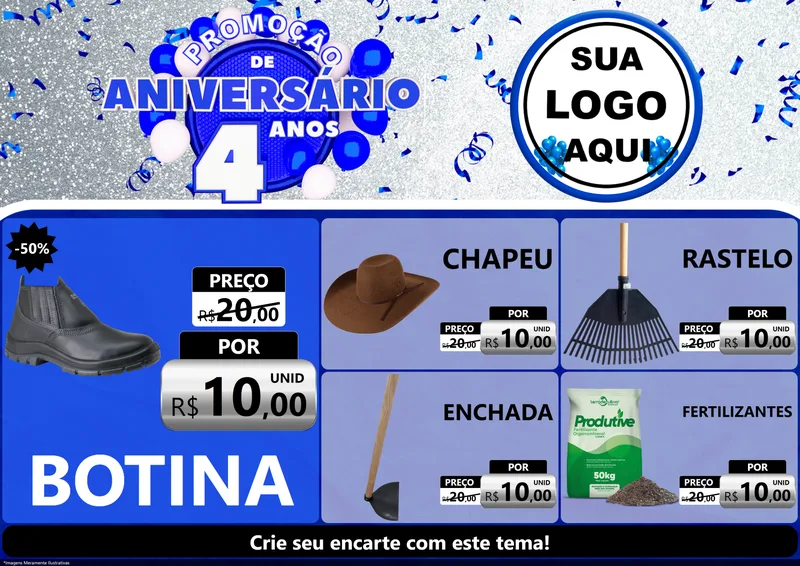 Modelo de Encarte para Encarte A4 Horizontal com o tema Promoção de Aniversário - 4 Anos para Agropecuária