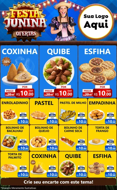 Modelo de Encarte para Encarte Grande com o tema Festa Junina Ofertas para Salgadaria