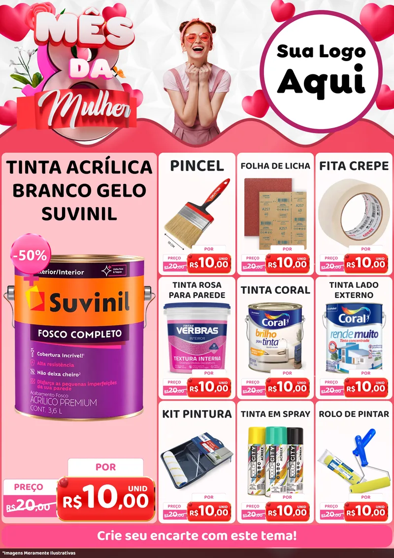 Modelo de Encarte para Encarte A4 Vertical com o tema Mês da Mulher para Tintas e Ferramentas