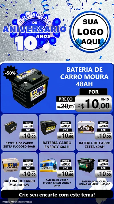 Modelo de Rede Social para Stories com o tema Promoção de Aniversário - 10 Anos para Baterias Elétricas
