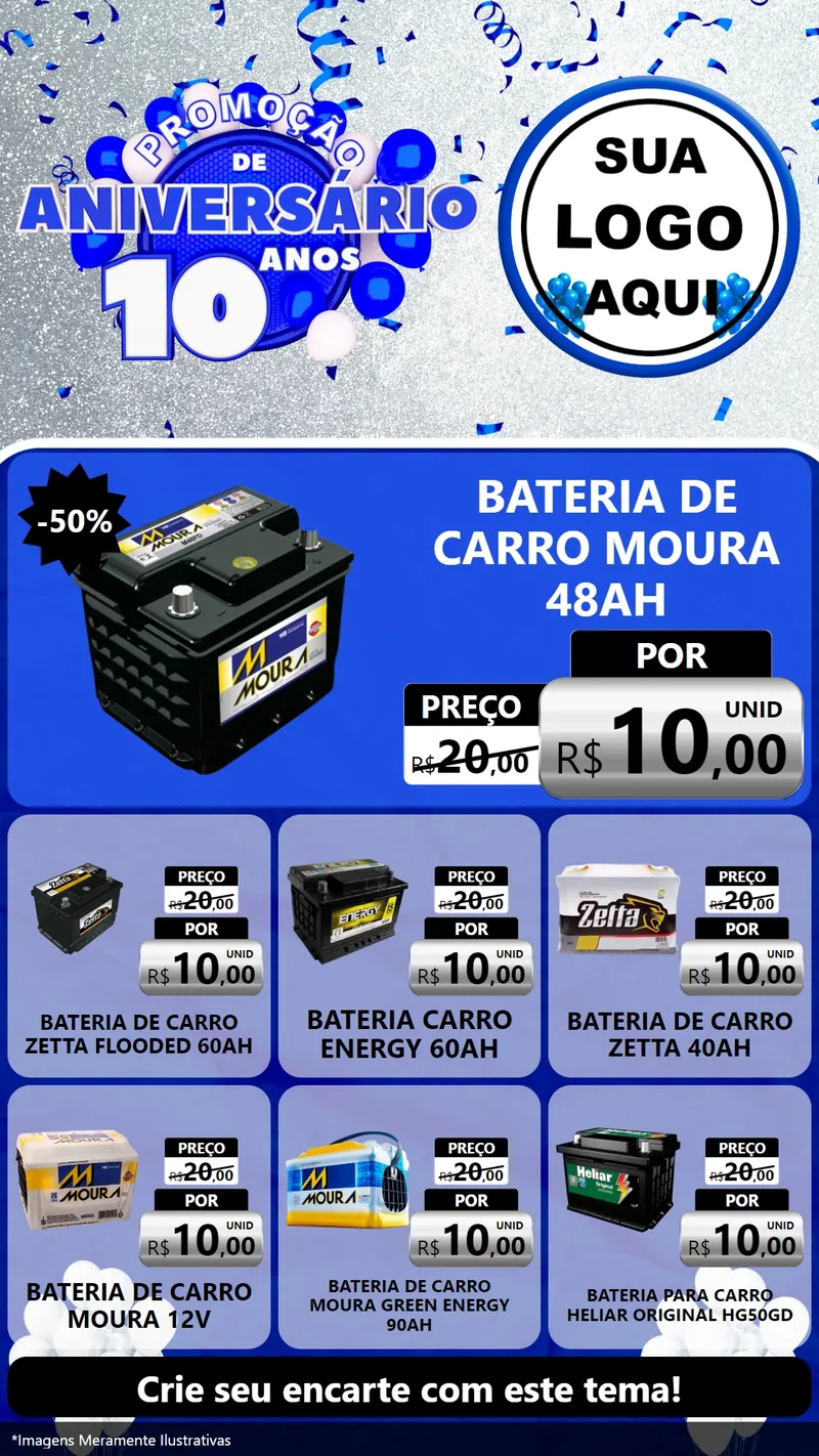 Modelo de Rede Social para Stories com o tema Promoção de Aniversário - 10 Anos para Baterias Elétricas