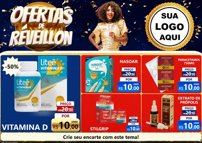Modelo de Encarte para Encarte A4 Horizontal com o tema Ofertas de Réveillon para Farmácia