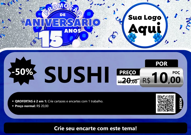 Modelo de Cartaz para Cartaz A4 Horizontal com o tema Promoção de Aniversário - 15 Anos para Comida japonesa