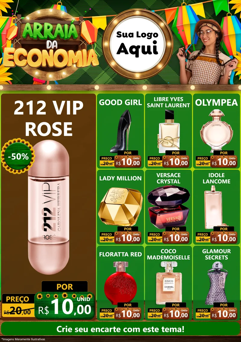Modelo de Encarte para Encarte A4 Vertical com o tema Arraiá de Economia para Perfumes