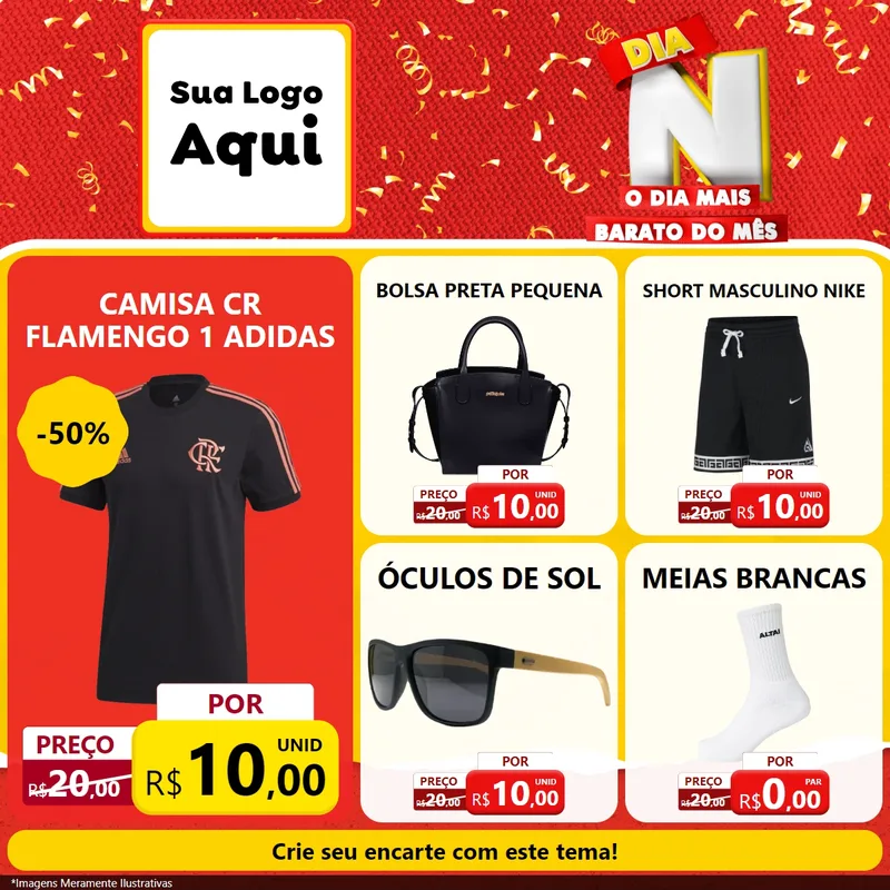 Modelo de Rede Social para Feed Facebook com o tema Dia N o Dia Mais Barato do Mês para Roupas e acessórios