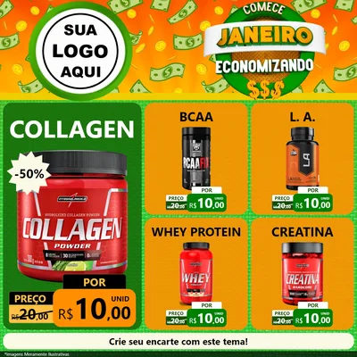 Modelo de Rede Social para Feed Facebook com o tema Comece Janeiro Economizando para Suplementos alimentares