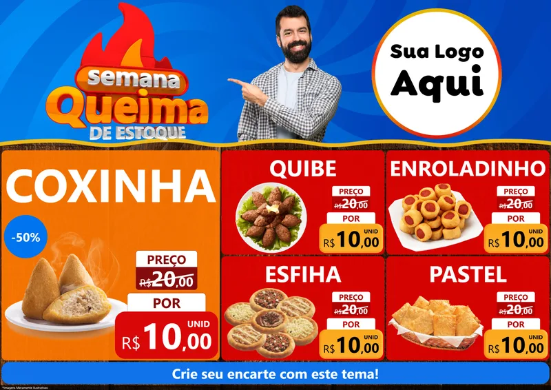 Modelo de Encarte para Encarte A4 Horizontal com o tema Semana Queima de Estoque para Salgadaria