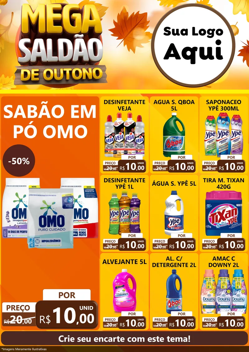 Modelo de Encarte para Encarte A4 Vertical com o tema Mega Saldão de Outono para Produtos de Limpeza