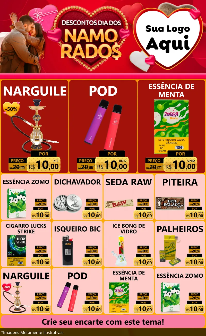 Modelo de Encarte para Encarte Grande com o tema Descontos Dia dos Namorados para Tabacaria