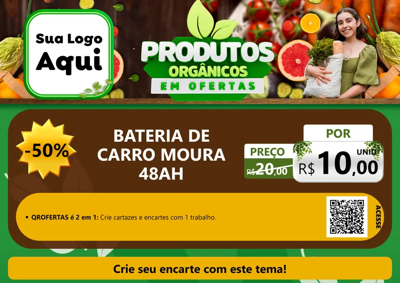 Modelo de Cartaz para Cartaz A4 Horizontal com o tema Produtos Orgânicos em Ofertas para Baterias Elétricas